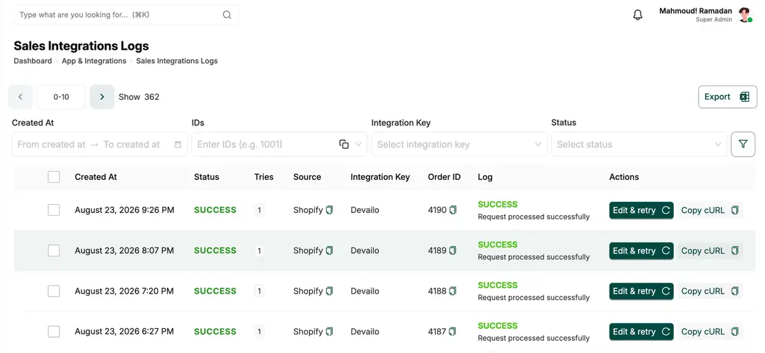 Operix API integration screen